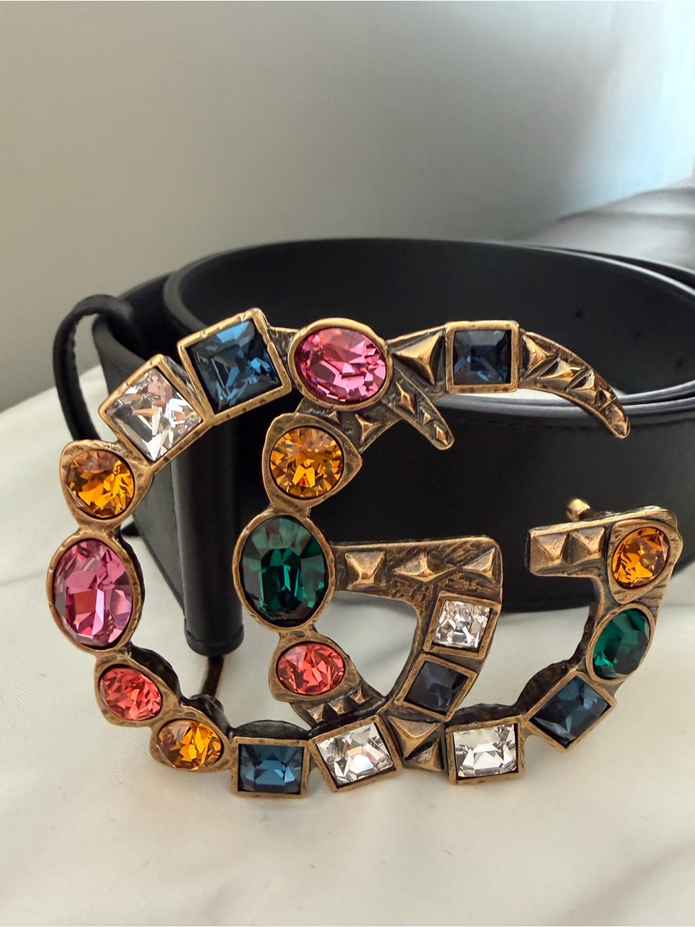Authentic GUCCI Marmont Crystal Double G Buckle Black Leather Belt Size 90 Italy